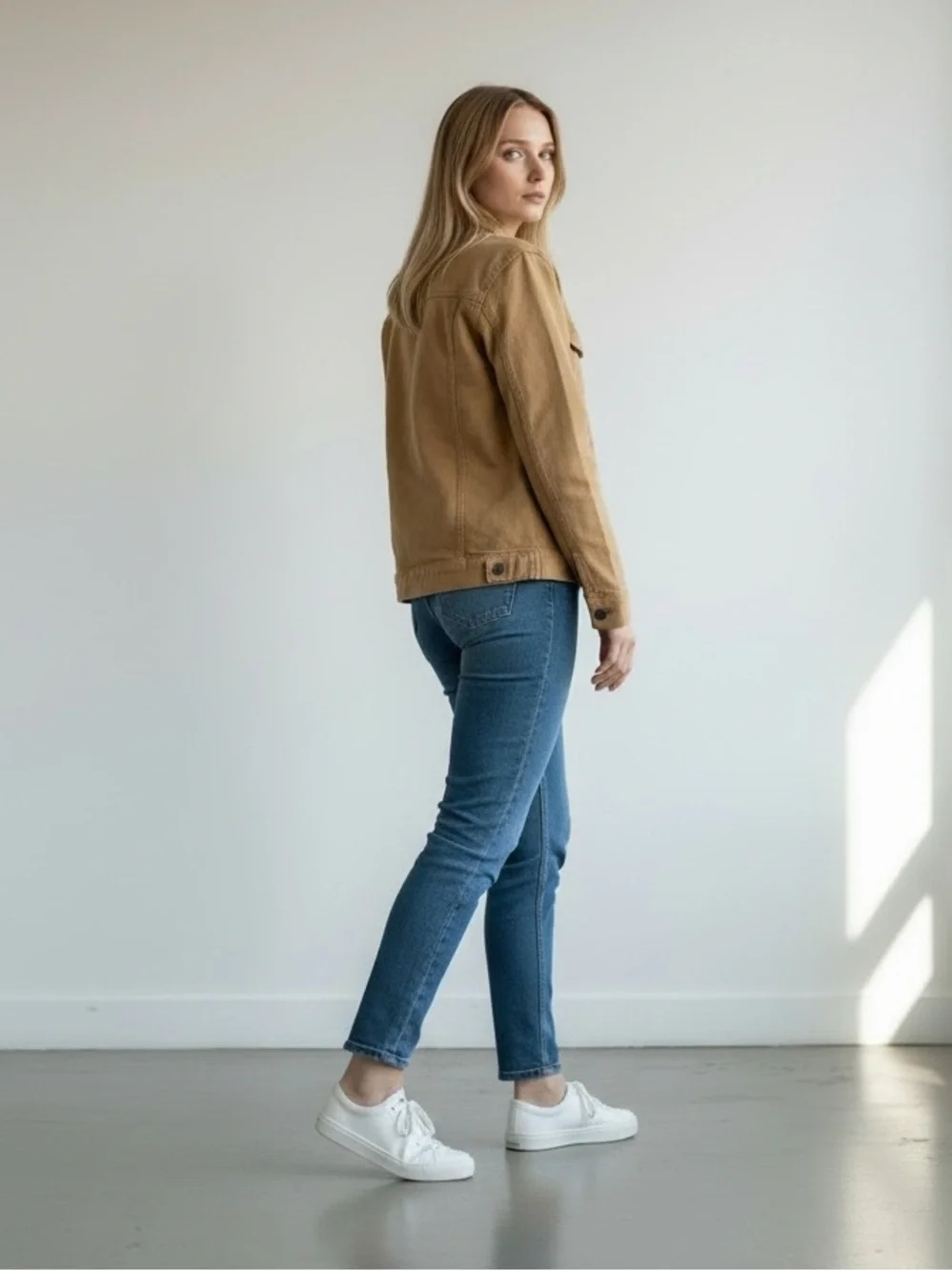 Vintage Free People Stretch Tan Denim Jacket Size Large - Picture 3 of 14